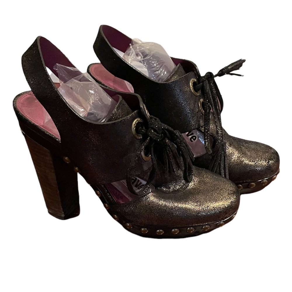 Coach Metallic Gunmetal Slingback Lace-Up Platform Heels with Wood Block Heel